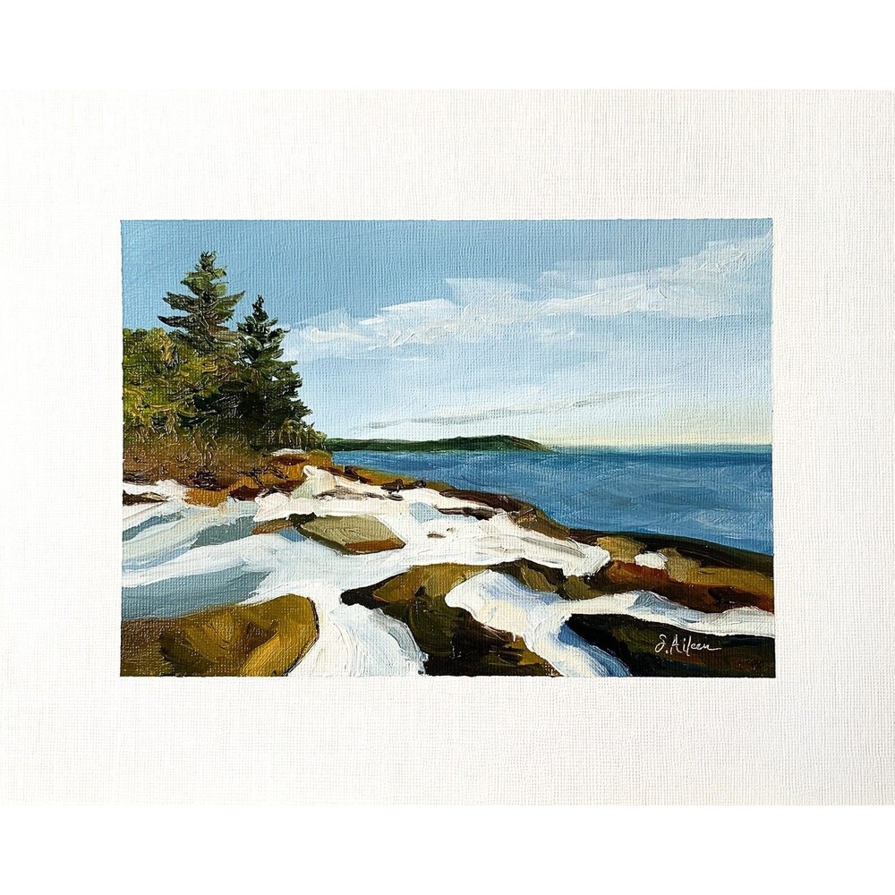 8x10 Maine Original Oil Landscape Painting Acadia in Winter Snow Rock Art Signed